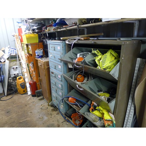 162 - A quantity of various items including 2 work benches, a bench grinder, storage cabinets containing v... 