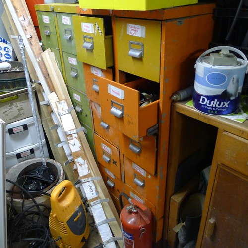 162 - A quantity of various items including 2 work benches, a bench grinder, storage cabinets containing v... 