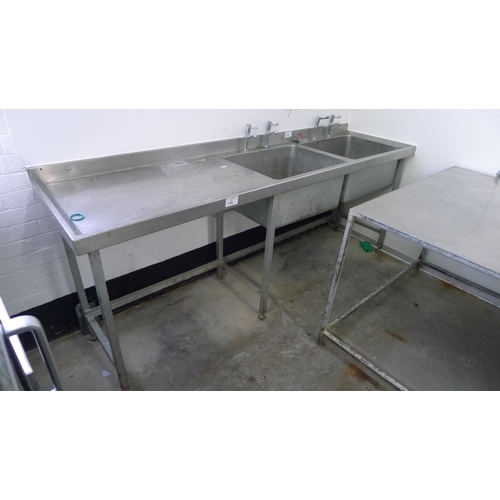 116 - 1 free standing stainless steel double sink unit with drainer on left hand side approx 229cm w x 60c... 