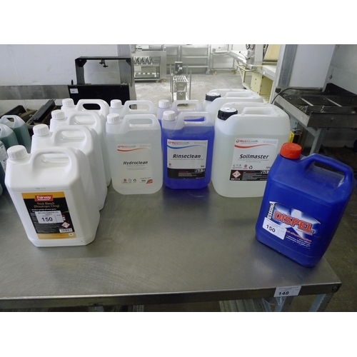 150 - A quantity of various liquid cleaning products in 5 litre bottles including bleach, Hydroclean, Rins... 