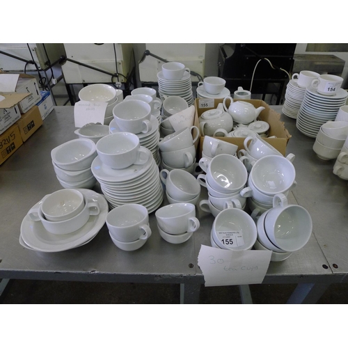 155 - A quantity of various white crockery including tea cups, saucers, tea pots and soup bowls