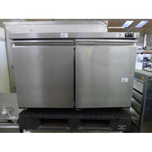 205 - 1 stainless steel two door counter fridge 240v type TUC-48R (no make visible) approx 120cm w x 75cm ... 