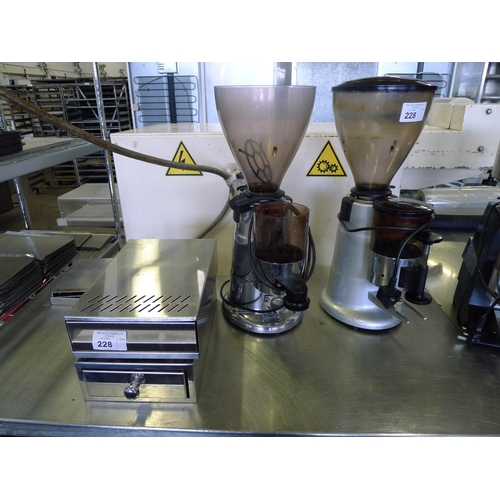 228 - 2 Macap coffee grinders types MXA & MXT (1 is missing 2 covers) & 2 coffee knock out drawers (Trade)