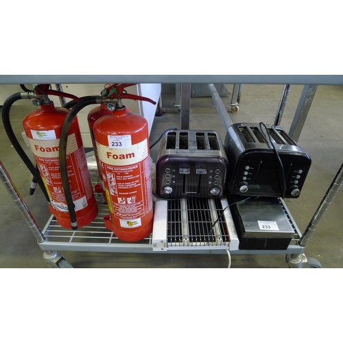 233 - 3 fire extinguishers, 1 Chameleon 1x2 electric wall mounted fly killer, 1 till drawer & 2 x four sli... 