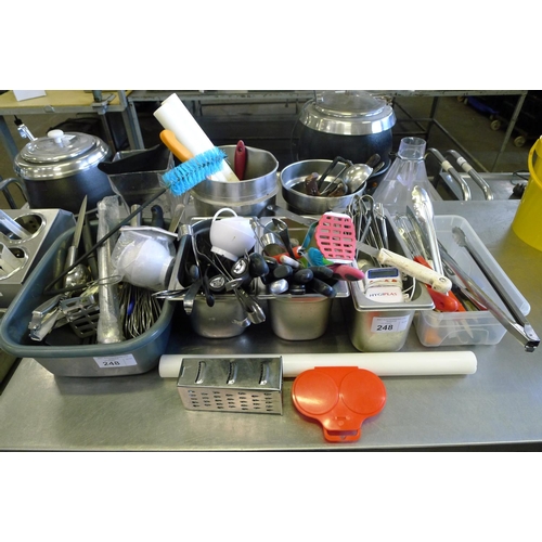 248 - A quantity of various utensils. Please note that the plastic and stainless steel containers are also... 