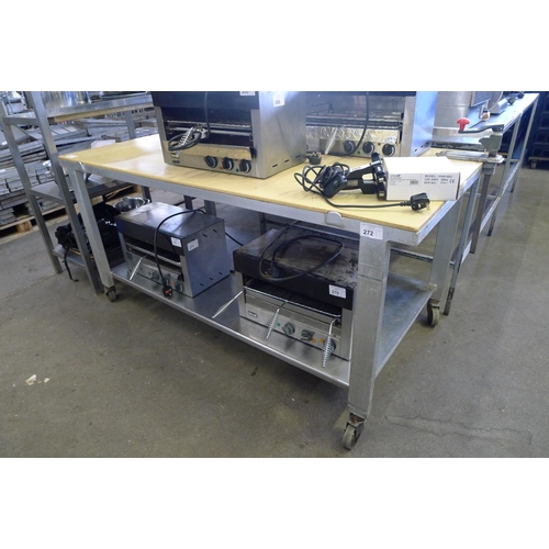 272 - 1 wheeled catering table with yellow plastic top, a commercial can opener fitted and stainless steel... 