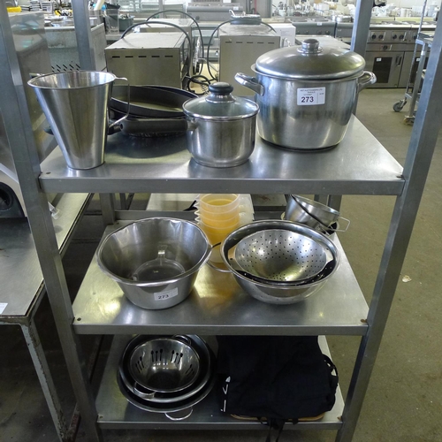 273 - A quantity of various items including cooking pots, pans, colanders, jugs, aprons etc. Contents of 3... 