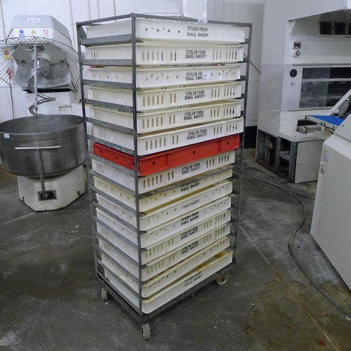 347 - 1 wheeled metal rack containing a quantity of plastic trays