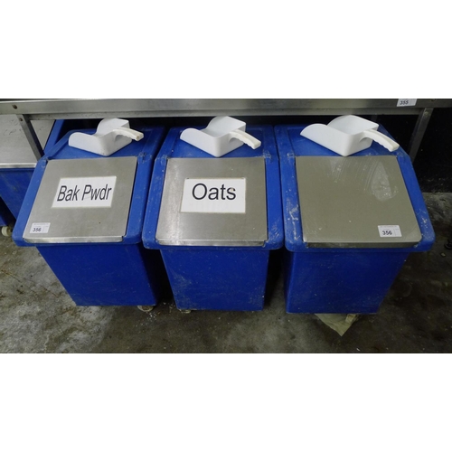 356 - 3 blue plastic wheeled ingredient bins with lids & 3 white plastic scoops