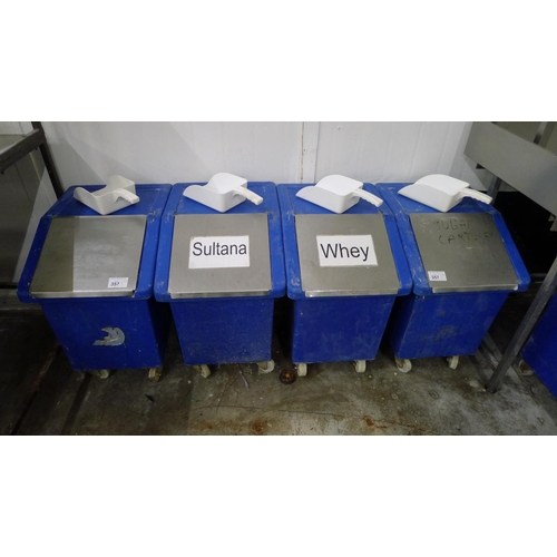 357 - 4 blue plastic wheeled ingredient bins with lids & 4 white plastic scoops