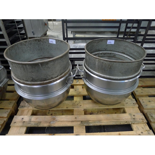 373 - 2 stainless steel mixer bowls both with top extension rings both diameter approx 50cm / 60 quart