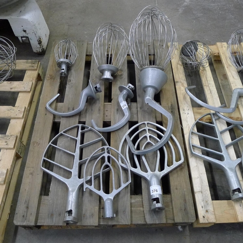 376 - 1 pallet containing 9 various mixer attachments comprising 3 mixing paddles, 3 dough hooks and 3 whi... 