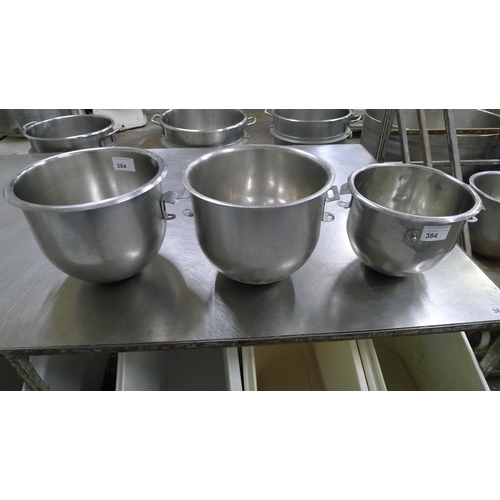 384 - 3 stainless steel mixer bowls diameters approx 2 x 36cm (20 quart) & 1 x 30cm (15 quart)