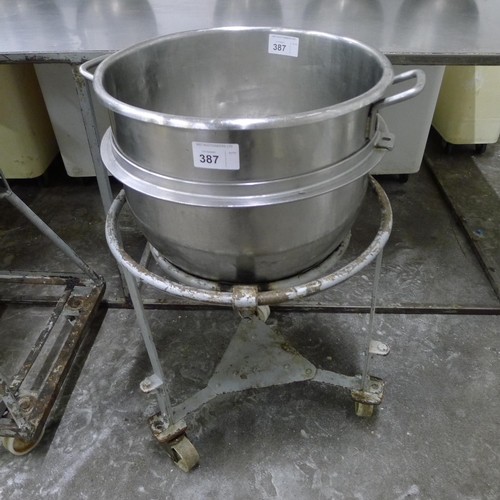 387 - 1 stainless steel mixer bowl with a wheeled stand diameter approx 50cm / 60 quart