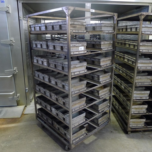 408 - 1 wheeled metal bakers rack containing 28 sets of 3 bread tins (for 800g loaves)