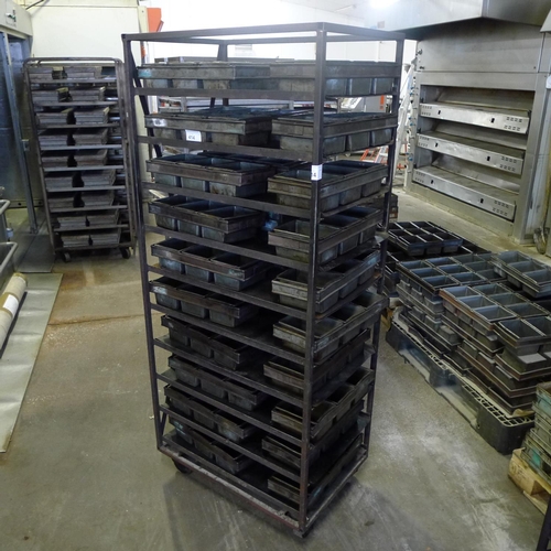 414 - 1 wheeled metal bakers rack containing 30 sets of 3 bread tins (for 400g loaves)