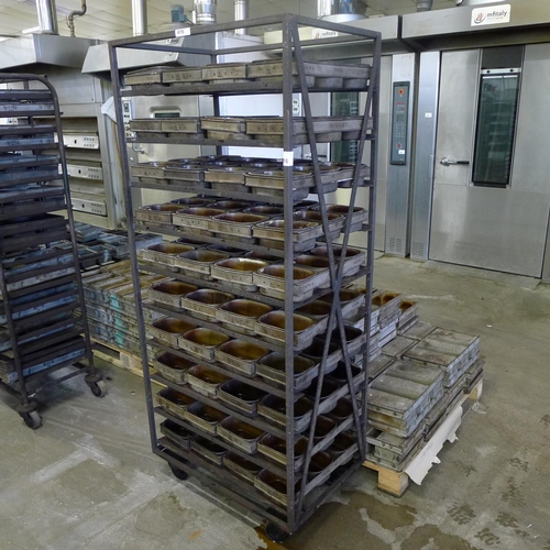 416 - 1 wheeled metal bakers rack containing 40 sets of 3 bread tins (for 400g loaves)