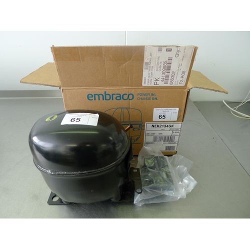 65 - 1 Embraco refrigeration compressor type NEK2134GK, 240v - boxed and appears to be unused (Trade)