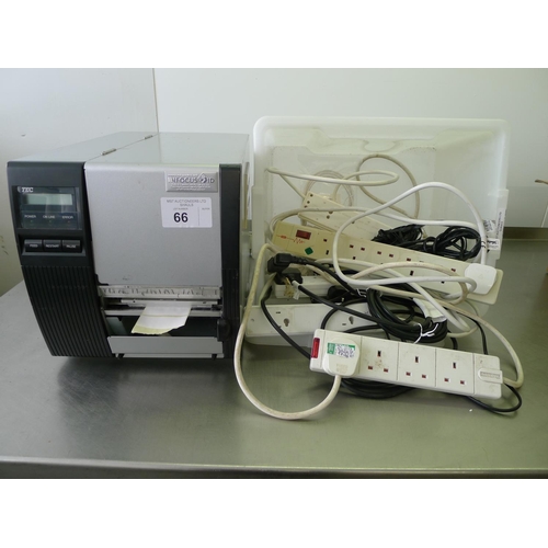 66 - 1 TEC barcode printer type B-472-QP, 240v and 1 plastic box containing various 4-gang extension lead... 