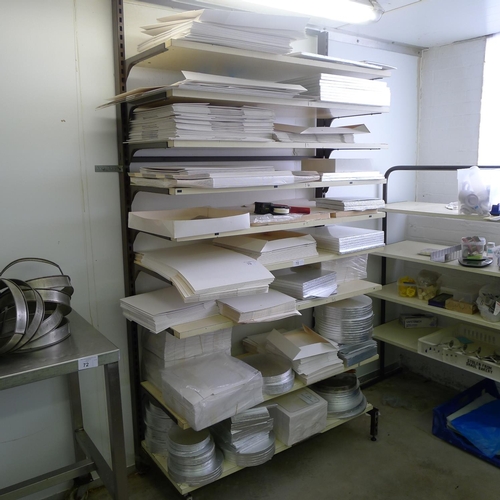 70 - 1 storage rack containing a quantity of various cake boxes, silver cake boards & a Sato tag gun. Ple... 