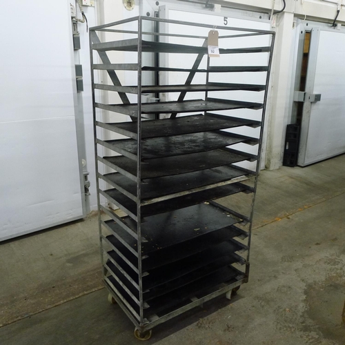 92 - 1 metal wheeled bakers rack containing a quantity of metal trays