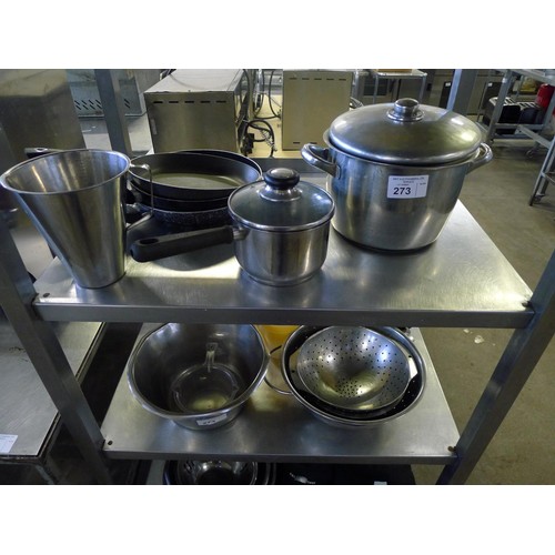 273 - A quantity of various items including cooking pots, pans, colanders, jugs, aprons etc. Contents of 3... 