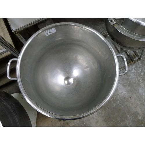 389 - 1 stainless steel mixer bowl with a wheeled stand diameter approx 50cm / 60 quart