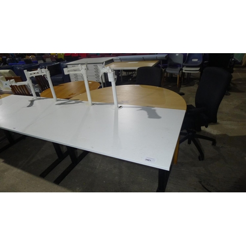 3461 - 1 white office table approx 140cm x 80cm x 75cm with 2 monitor support arms attached