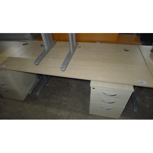 3483 - 1 light wood effect office table approx 160cm x 80cm and 1 under worktop pedestal