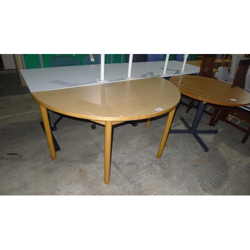 3509 - 1 wood effect semi circular table approx 150cm w x 75cm d x 74cm high