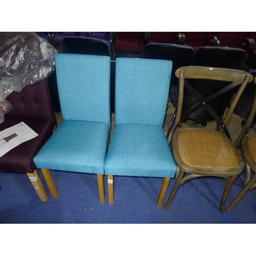 3577 - 2 turquoise upholstered dining chairs with wooden legs