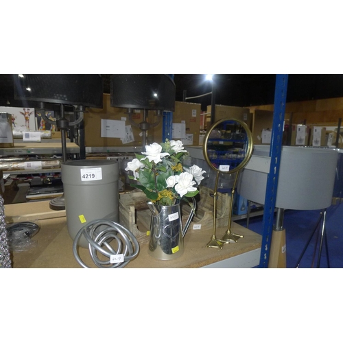 4219 - 1 metal jug containing artificial white roses, 1 small round mirror with metal bird legs frame, a wo... 