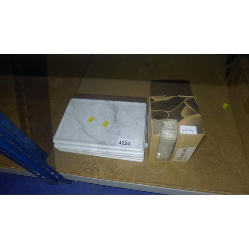 4224 - 6 plastic serving trays (faux stone effect) each approx 30cm x 20cm & 1 stoneware jar