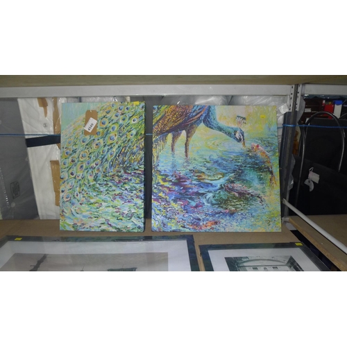 4549 - An abstract art print of a peacock on 2 canvases, please see pictures for more details