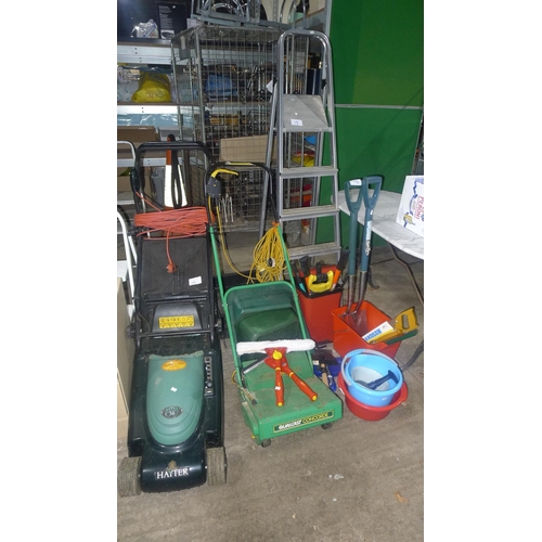 113 - A quantity of various garden related items including An electric 7 stage lawn mower by Hayter type E... 