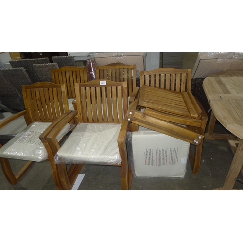 2087 - 6 tropical hardwood garden chairs and 6 cream cushions - 5 chairs are built and 1 requires assembly ... 