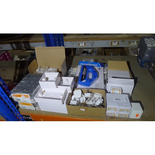 2432 - A quantity of various electrical items including 2 gang metal wall boxes, ceiling switches, cable cl... 