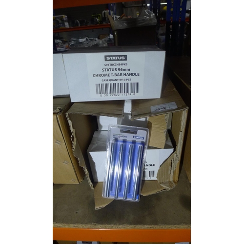 2442 - 10 boxes of Status 96mm chrome T bar handles. Each box contains 3 packs of 4 handles.