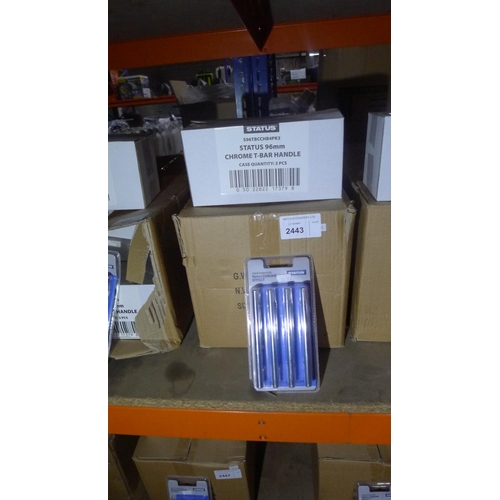 2443 - 10 boxes of Status 96mm chrome T bar handles. Each box contains 3 packs of 4 handles.