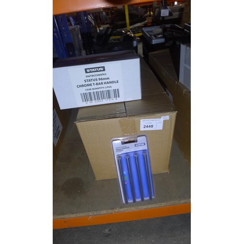 2448 - 10 boxes of Status 96mm chrome T bar handles. Each box contains 3 packs of 4 handles.