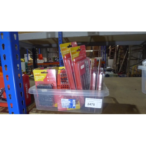 2475 - 1 box containing 12 x Amtech security bit sets and 4 drill bit sets (2 wood and 2 SDS)