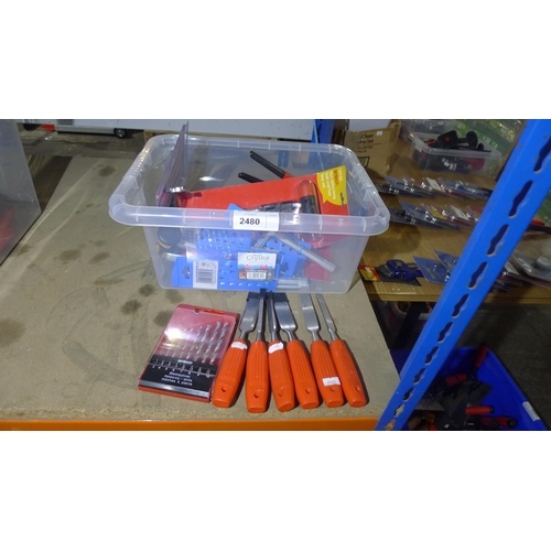 2480 - A quantity of various tools including hex key sets, 6 chisels and a drill bit set