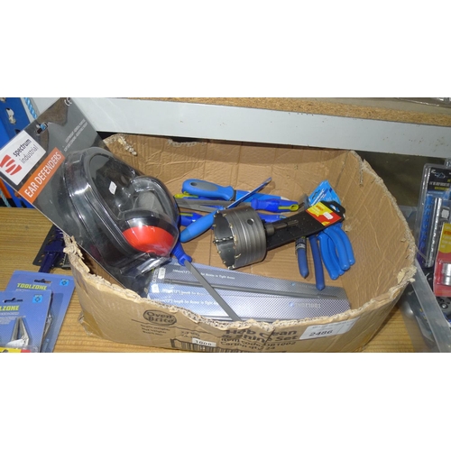 2486 - 1 box containing a quantity of various tools including 1 Amtech 110mm core drill bit, a set of ear d... 