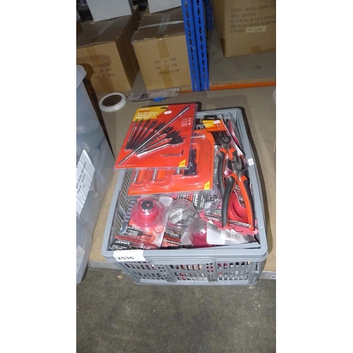 2536 - 1 box containing a quantity of drill dust collectors, an Amtech 3 piece G clamp set, a wood drill bi... 