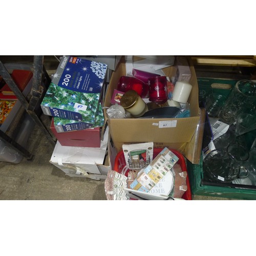 87 - A quantity of various items including Christmas lights, glassware decorative items etc