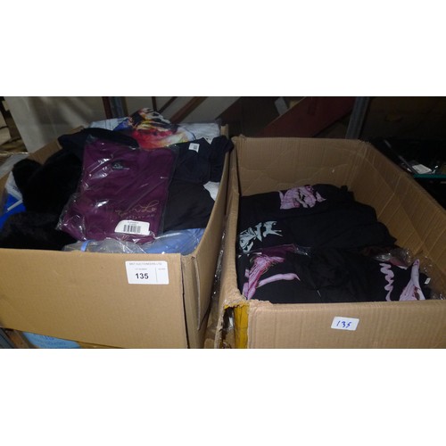 135 - A quantity of various unused clothing, tshirts etc. Contents of one bay/3 shelves