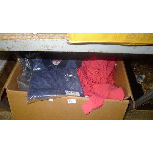 135 - A quantity of various unused clothing, tshirts etc. Contents of one bay/3 shelves