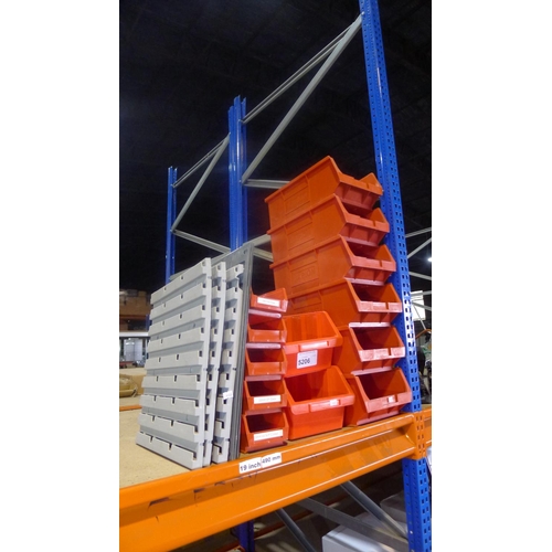 5206 - 13 various red plastic storage bins and 6 small hanging panels