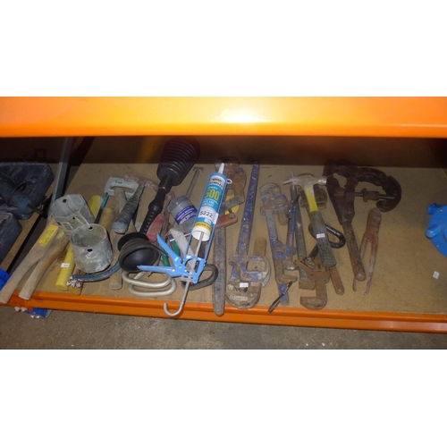 5222 - A quantity of various tools including 6 wrenches, a large bore pipe cutter, 2 box spanners etc