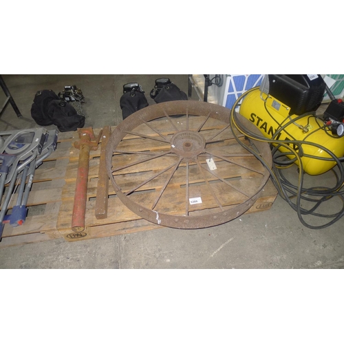 5308 - 1 pallet containing 1 vintage metal wheel diameter approx 96cm, a part of an SGB metal prop and 1 me... 